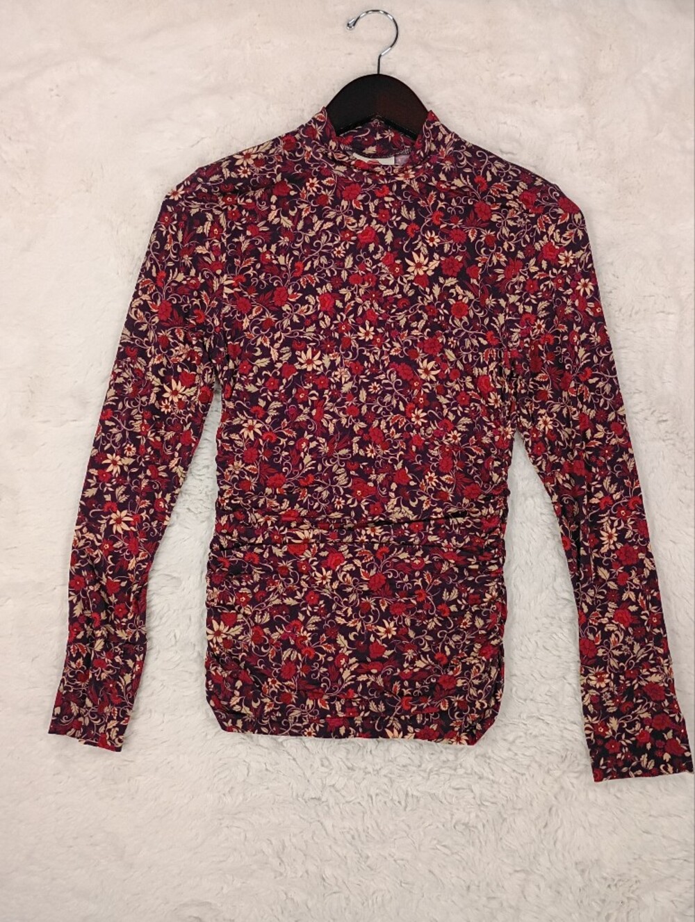FARM Rio Burgundy Floral Long-Sleeve Blouse with Red & Cream Details